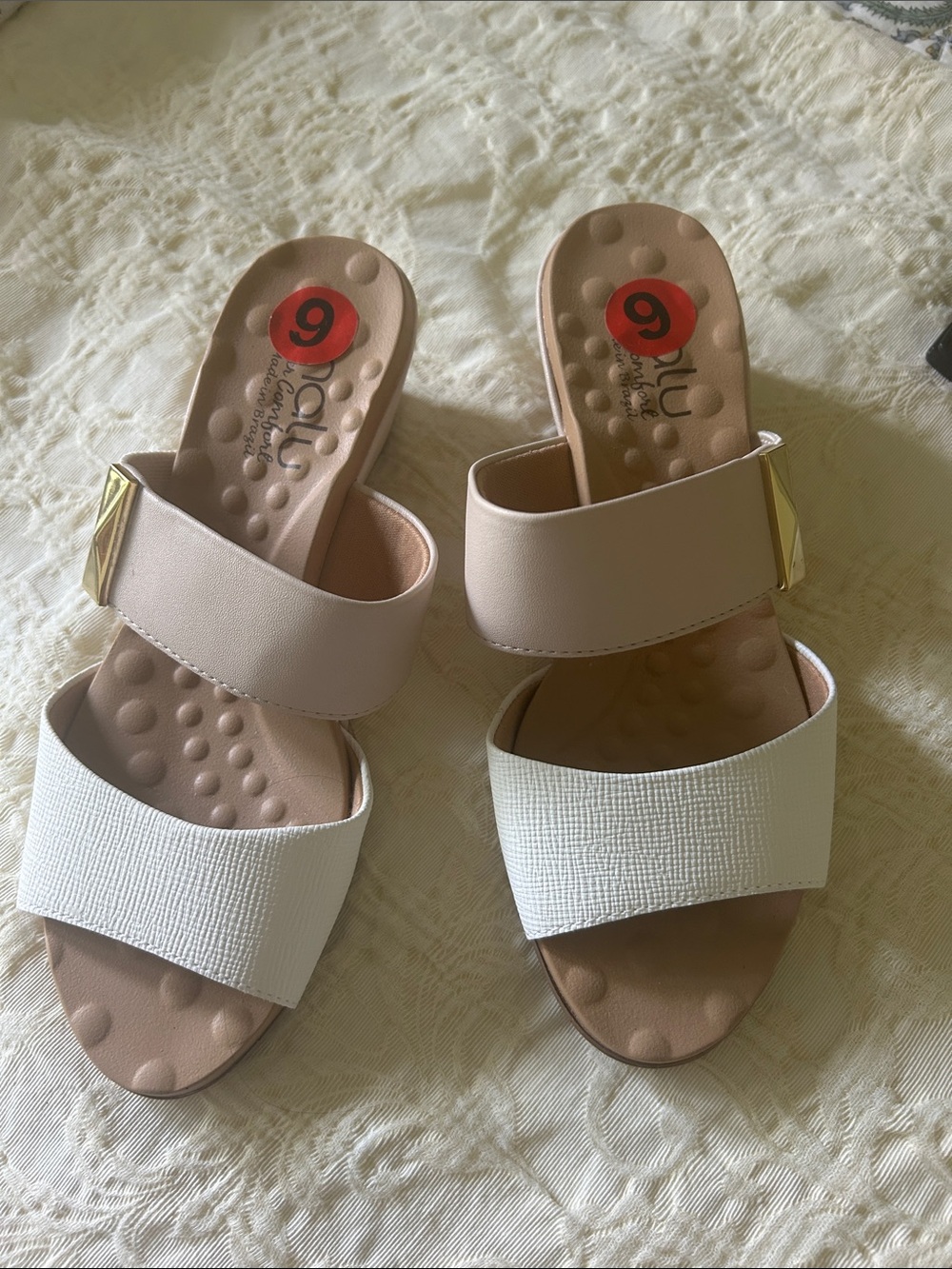 Two-Band White & Beige Women's Slide Sandals - Picture 2 of 5